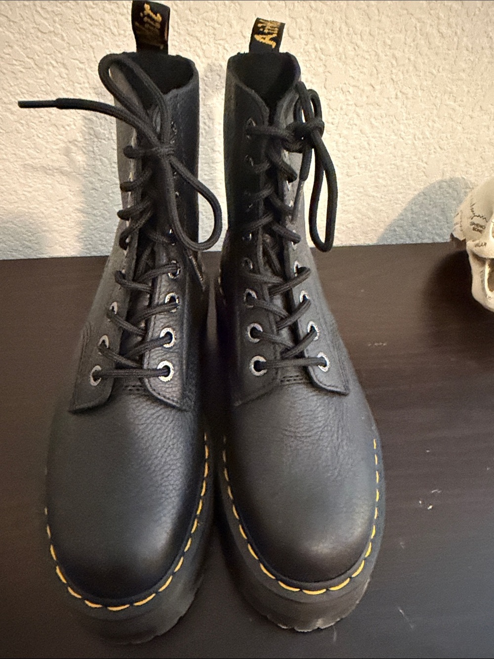 Dr. Martens Black Leather Platform Boots with Yellow Stitching - Picture 3 of 10